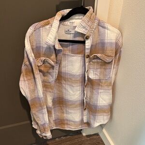 Hollister Womens Casual Plaid Shirt - Brown, Purple and White